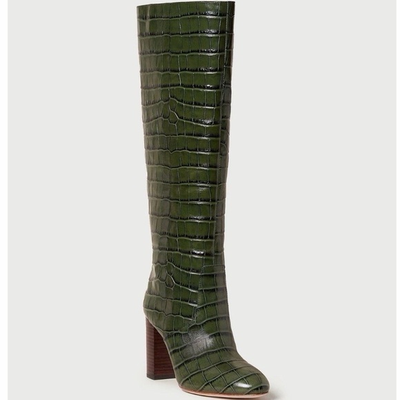 Loeffler Randall Shoes - Loeffler Randall Tall Goldy Leather Croc Forest Green Heel Knee Boot Pull On 6